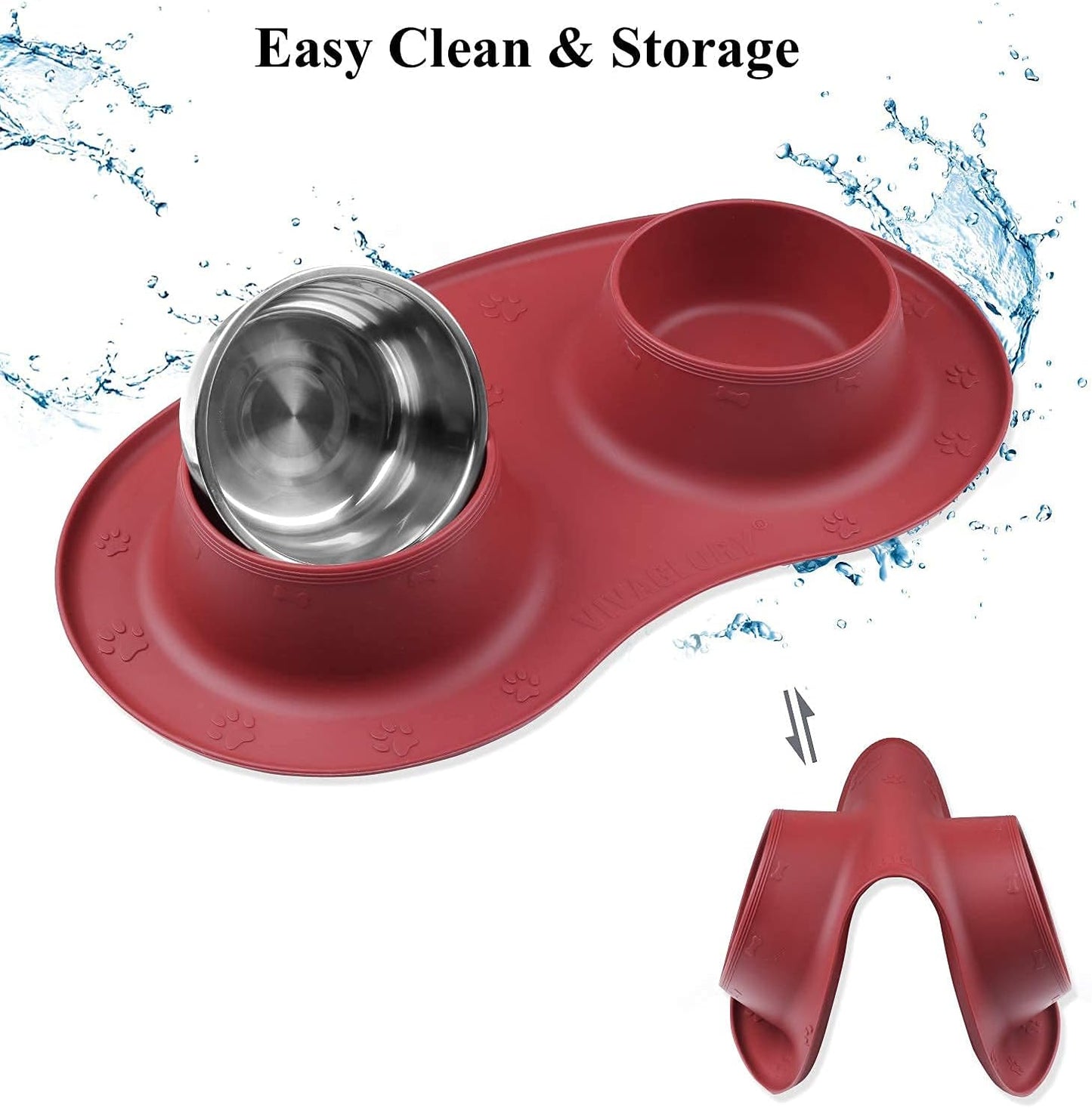 Double Stainless Steel Dog Bowls Set with Non-Skid Silicone Mat - Burgundy
