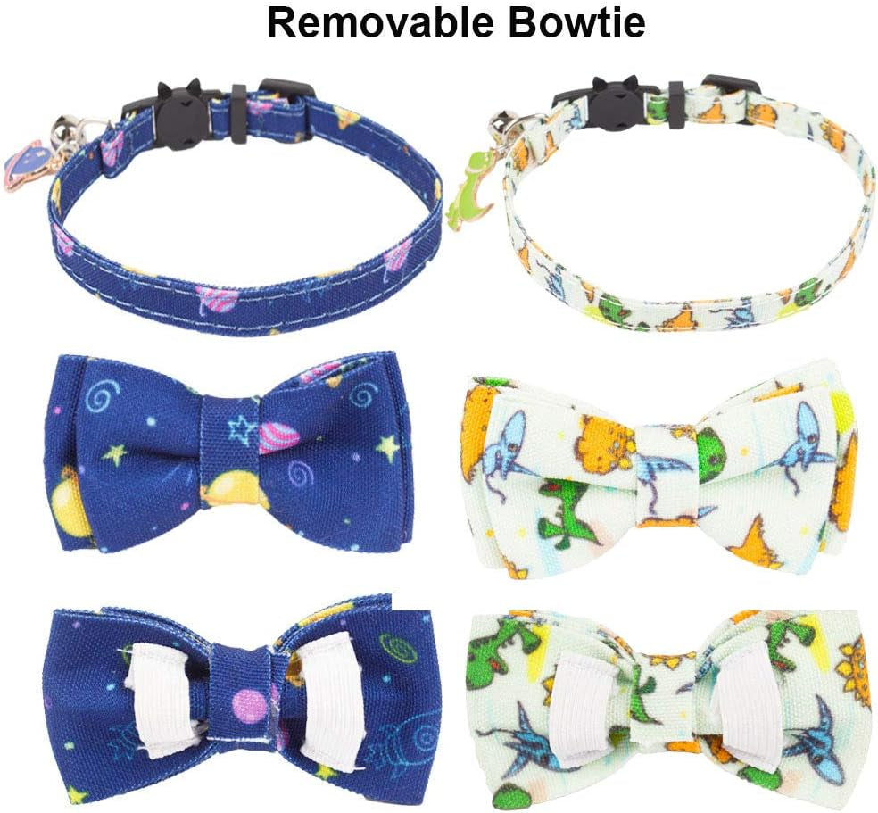 Breakaway Cat Collar Set with Removable Bow Tie and Bell, Includes Universe Dinosaur Design, Adjustable for Neck Sizes 7.5" to 10.5" - 2 Pack