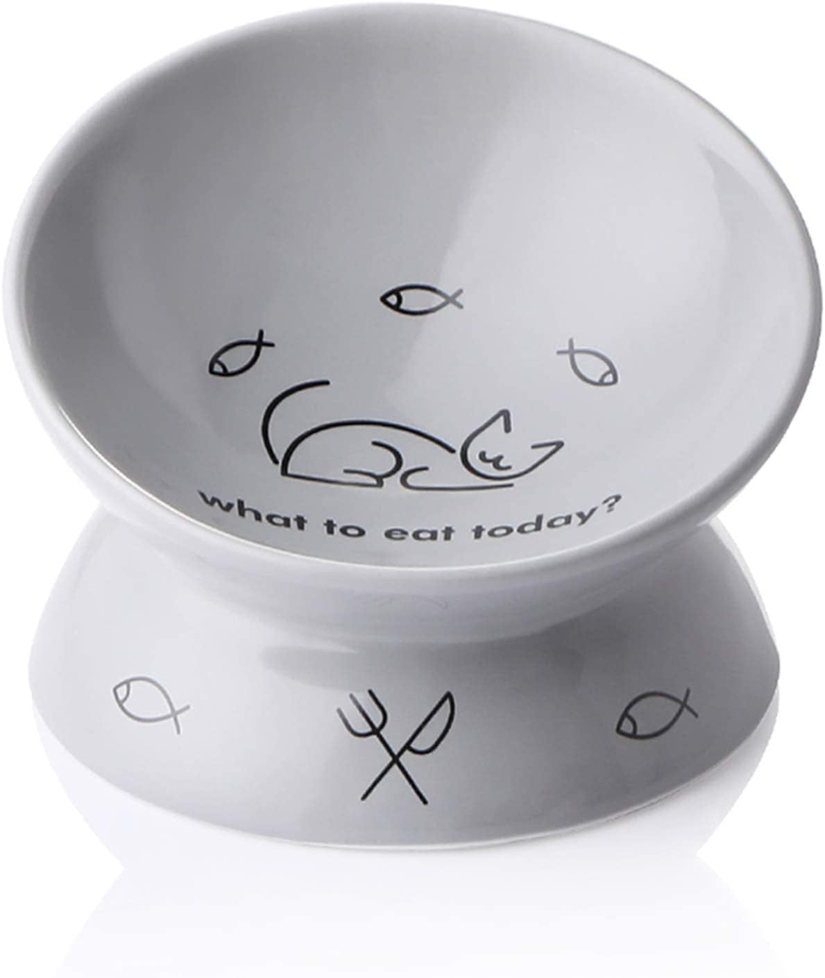 Elevated Ceramic Cat Bowls with Slanted Design for Food and Water, Porcelain Pet Feeder for Spine Protection and Backflow Prevention (Gray)