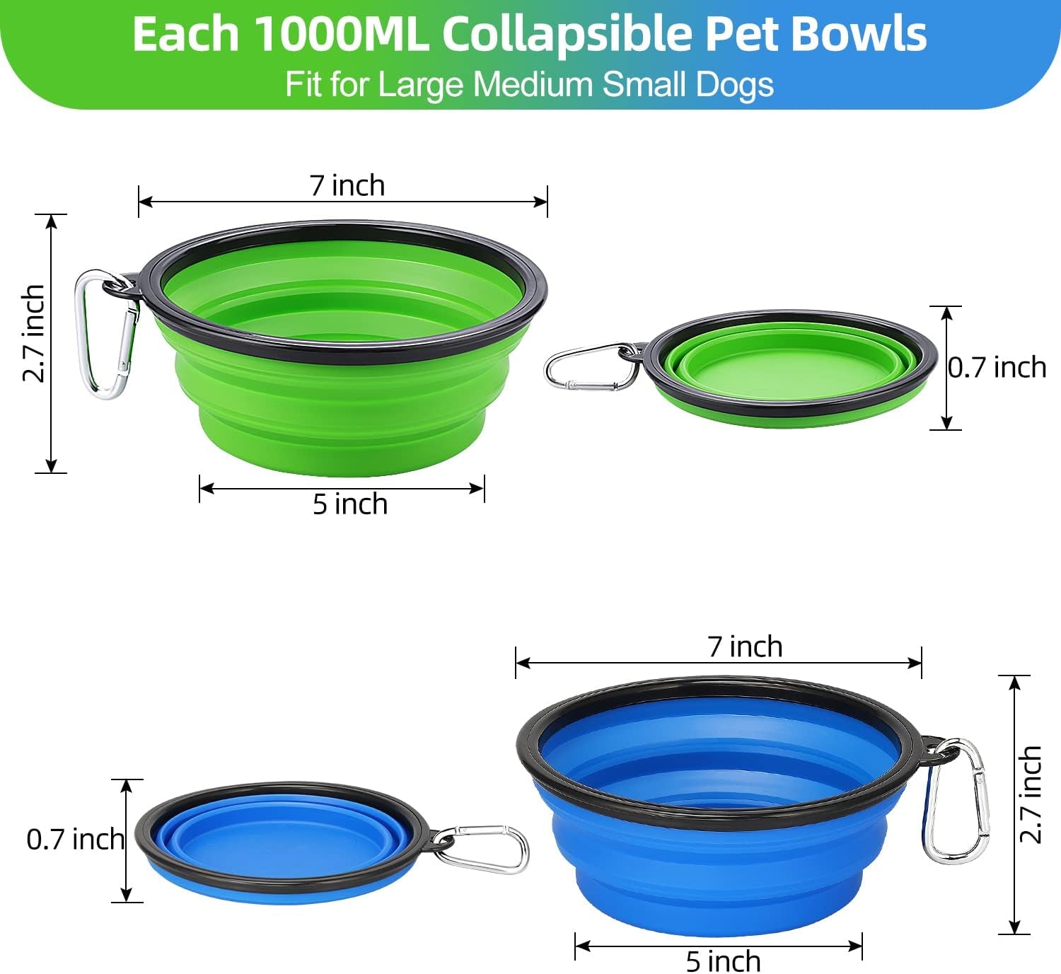 Large Collapsible Dog Bowls - 2 Pack, 34 Oz Foldable Travel Bowls for Pets, Portable Water and Food Dishes with Clasp for Travel, Hiking, and Walking (Blue and Green)