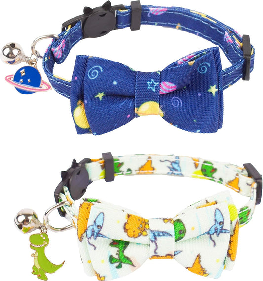 Breakaway Cat Collar Set with Removable Bow Tie and Bell, Includes Universe Dinosaur Design, Adjustable for Neck Sizes 7.5" to 10.5" - 2 Pack