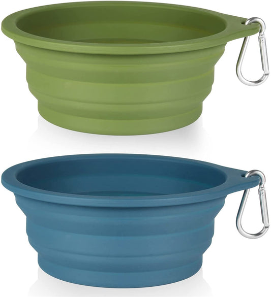 Collapsible Dog Bowl Set - Integrated Molding Travel Bowls for Pets, 600ml Capacity (Navy Blue & Dark Green)