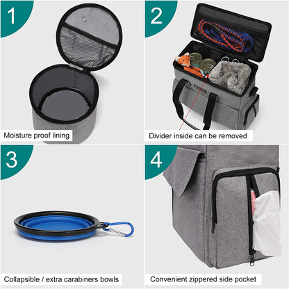 Professional Pet Travel Bag: Weekend Set for Dogs and Cats, Airline-Approved Tote with Multi-Functional Pockets, Includes 2 Food Storage Containers, 2 Collapsible Bowls, and 1 Feeding Mat (Grey)