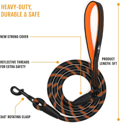Premium Dog Rope Leash with Padded Handle and Reflective Threads for Training, Running, and Walking - Suitable for Small, Medium, and Large Dogs