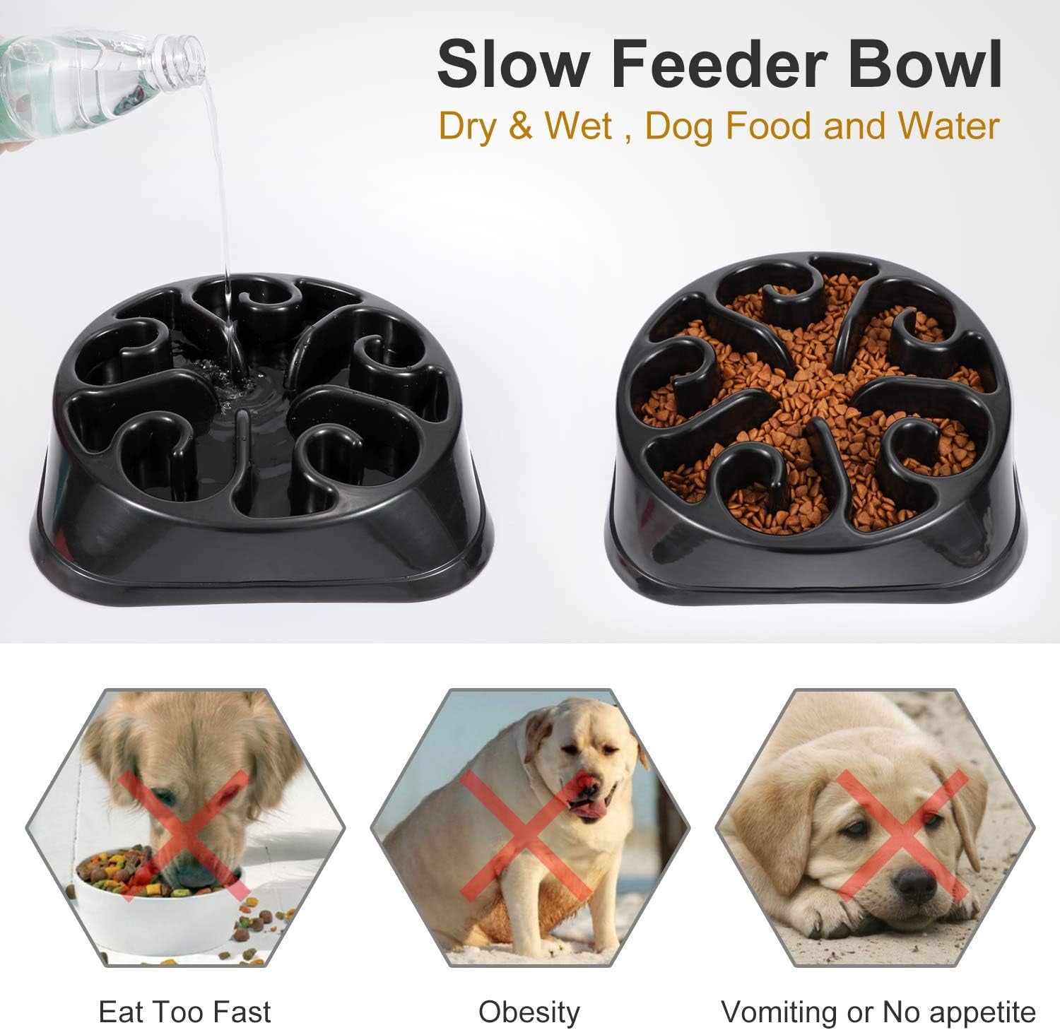 Large Anti-Gulping Slow Feeder Bowl for Large Dogs - Eco-Friendly Design (Black)
