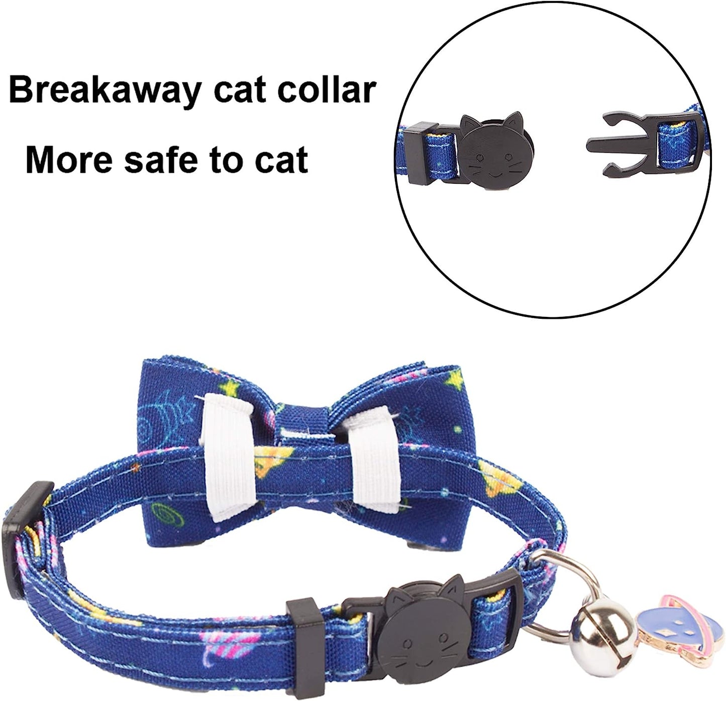 Breakaway Cat Collar Set with Removable Bow Tie and Bell, Includes Universe Dinosaur Design, Adjustable for Neck Sizes 7.5" to 10.5" - 2 Pack