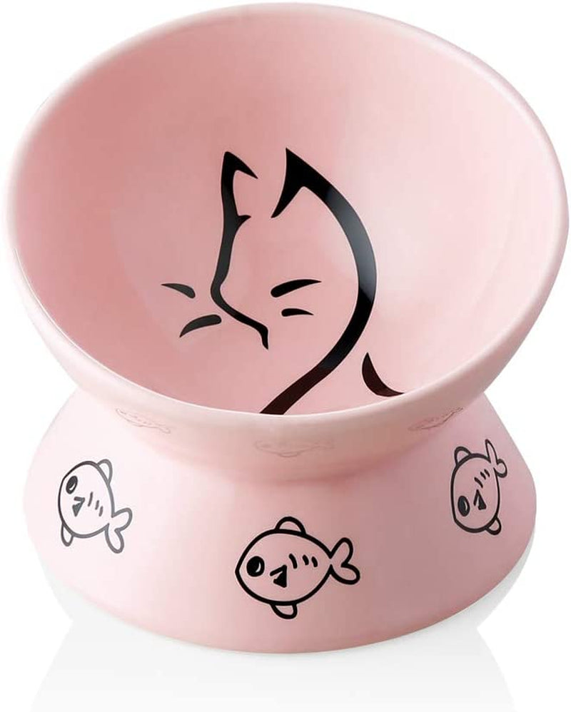 Elevated Ceramic Cat Bowls for Food and Water, Slanted Design for Spine Protection and Stress-Free Feeding, Backflow Prevention Feature (Pink)