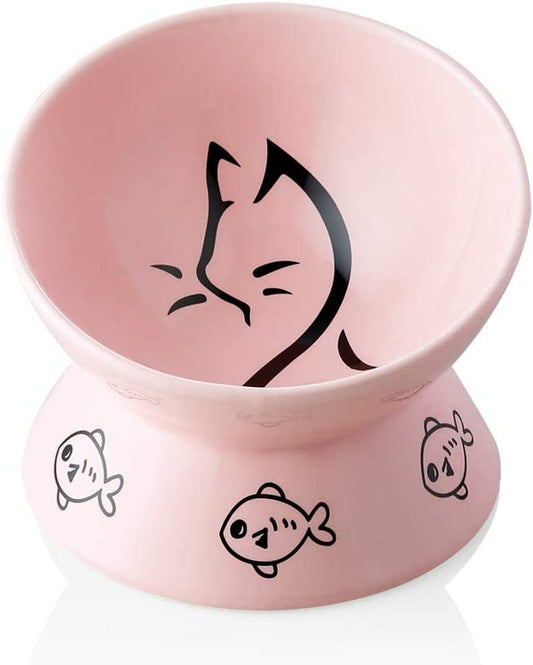 Elevated Ceramic Cat Bowls for Food and Water, Slanted Design for Spine Protection and Stress-Free Feeding, Backflow Prevention Feature (Pink)