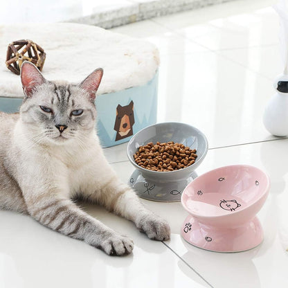 Elevated Ceramic Cat Bowls with Slanted Design for Food and Water, Porcelain Pet Feeder for Spine Protection and Backflow Prevention (Gray)