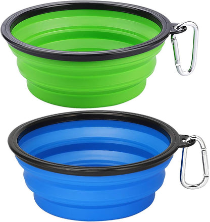 Large Collapsible Dog Bowls - 2 Pack, 34 Oz Foldable Travel Bowls for Pets, Portable Water and Food Dishes with Clasp for Travel, Hiking, and Walking (Blue and Green)