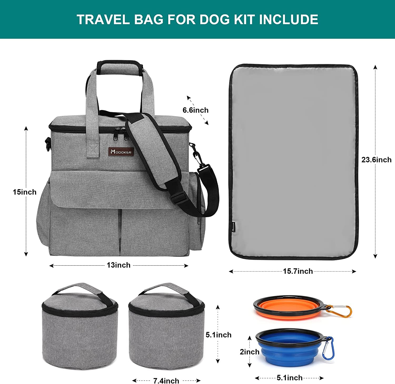 Professional Pet Travel Bag: Weekend Set for Dogs and Cats, Airline-Approved Tote with Multi-Functional Pockets, Includes 2 Food Storage Containers, 2 Collapsible Bowls, and 1 Feeding Mat (Grey)