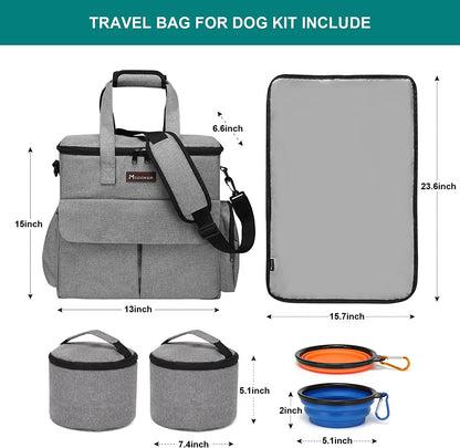 Professional Pet Travel Bag: Weekend Set for Dogs and Cats, Airline-Approved Tote with Multi-Functional Pockets, Includes 2 Food Storage Containers, 2 Collapsible Bowls, and 1 Feeding Mat (Grey)