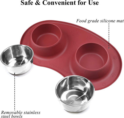 Double Stainless Steel Dog Bowls Set with Non-Skid Silicone Mat - Burgundy