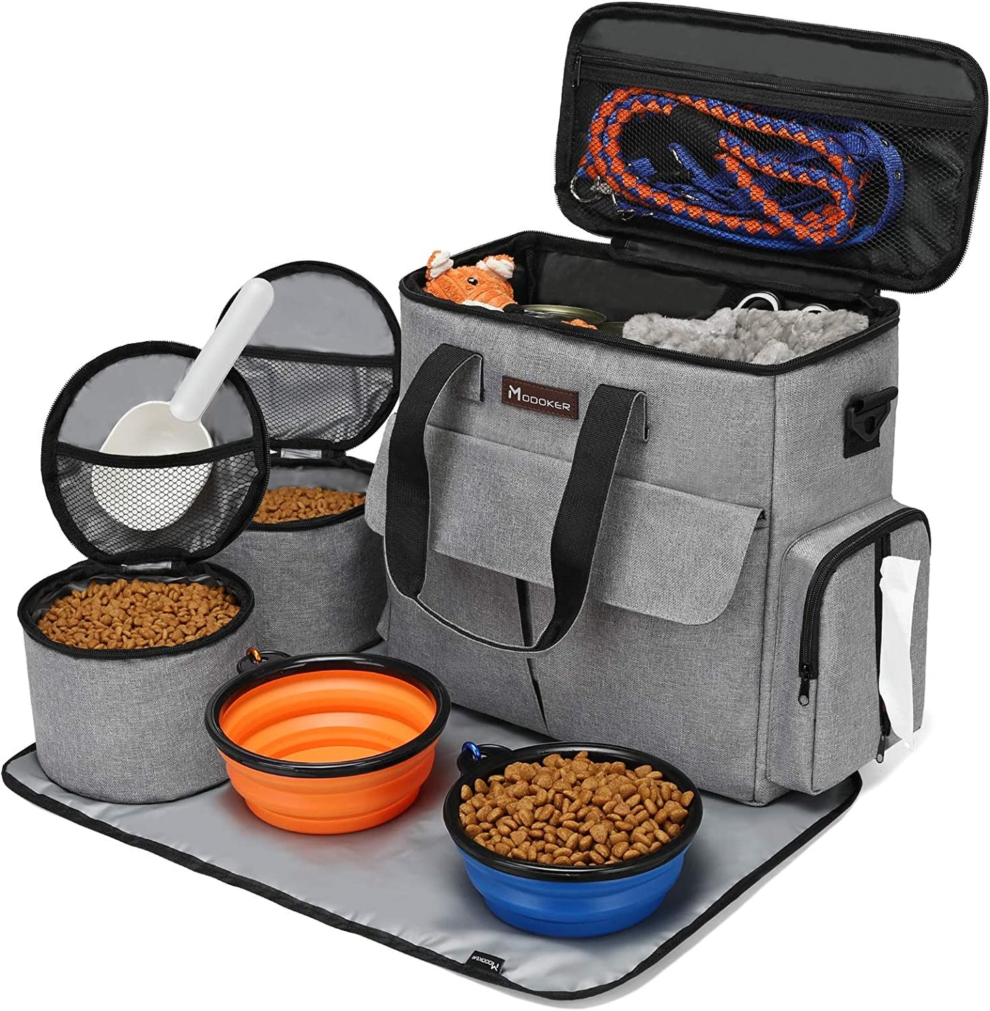 Professional Pet Travel Bag: Weekend Set for Dogs and Cats, Airline-Approved Tote with Multi-Functional Pockets, Includes 2 Food Storage Containers, 2 Collapsible Bowls, and 1 Feeding Mat (Grey)