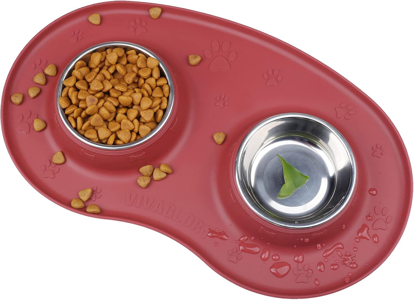 Double Stainless Steel Dog Bowls Set with Non-Skid Silicone Mat - Burgundy