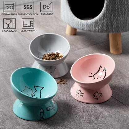 Elevated Ceramic Cat Bowls for Food and Water, Slanted Design for Spine Protection and Stress-Free Feeding, Backflow Prevention Feature (Pink)