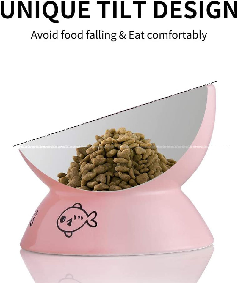 Elevated Ceramic Cat Bowls for Food and Water, Slanted Design for Spine Protection and Stress-Free Feeding, Backflow Prevention Feature (Pink)