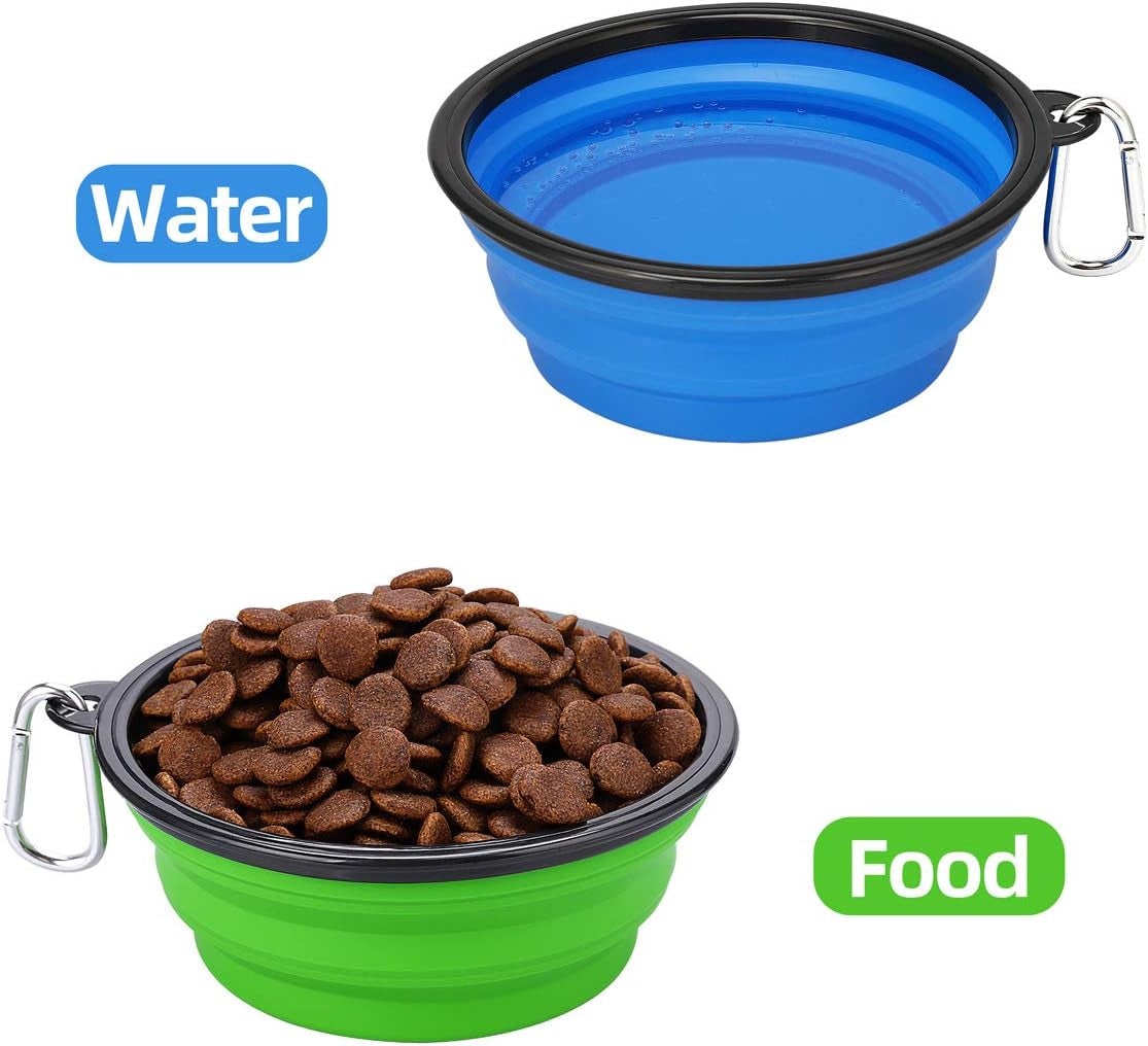 Large Collapsible Dog Bowls - 2 Pack, 34 Oz Foldable Travel Bowls for Pets, Portable Water and Food Dishes with Clasp for Travel, Hiking, and Walking (Blue and Green)