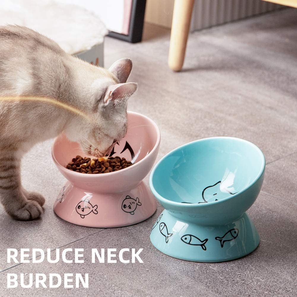 Elevated Ceramic Cat Bowls for Food and Water, Slanted Design for Spine Protection and Stress-Free Feeding, Backflow Prevention Feature (Pink)