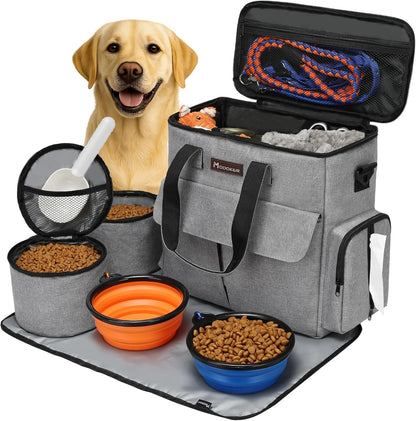 Professional Pet Travel Bag: Weekend Set for Dogs and Cats, Airline-Approved Tote with Multi-Functional Pockets, Includes 2 Food Storage Containers, 2 Collapsible Bowls, and 1 Feeding Mat (Grey)