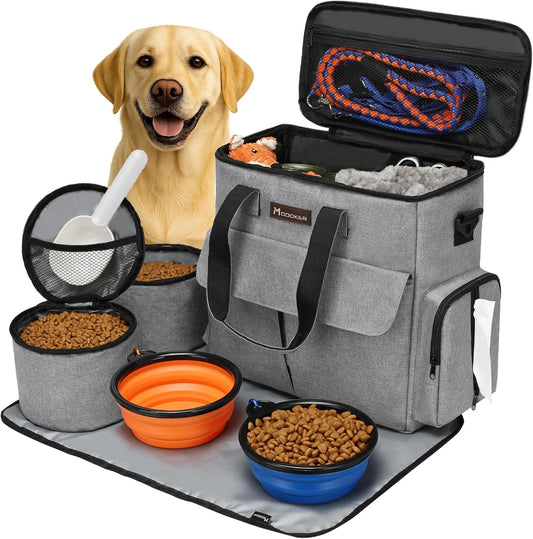 Professional Pet Travel Bag: Weekend Set for Dogs and Cats, Airline-Approved Tote with Multi-Functional Pockets, Includes 2 Food Storage Containers, 2 Collapsible Bowls, and 1 Feeding Mat (Grey)