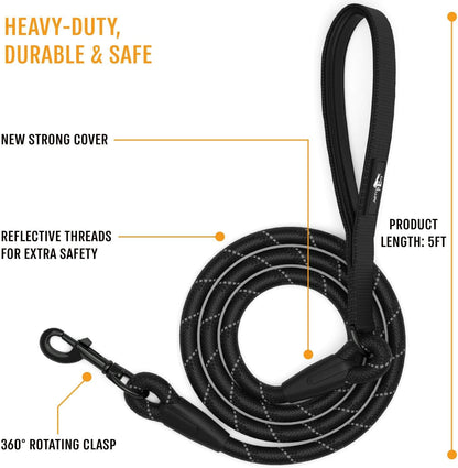 Premium Dog Rope Leash with Padded Handle and Reflective Threads for Small, Medium, and Large Dogs - Ideal for Training, Running, and Walking