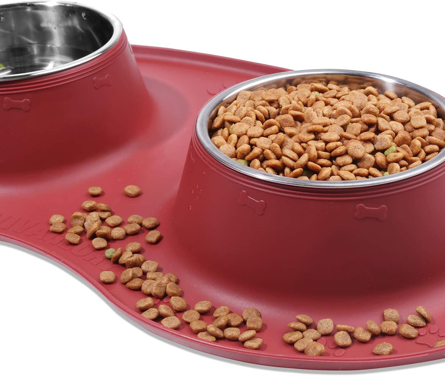 Double Stainless Steel Dog Bowls Set with Non-Skid Silicone Mat - Burgundy