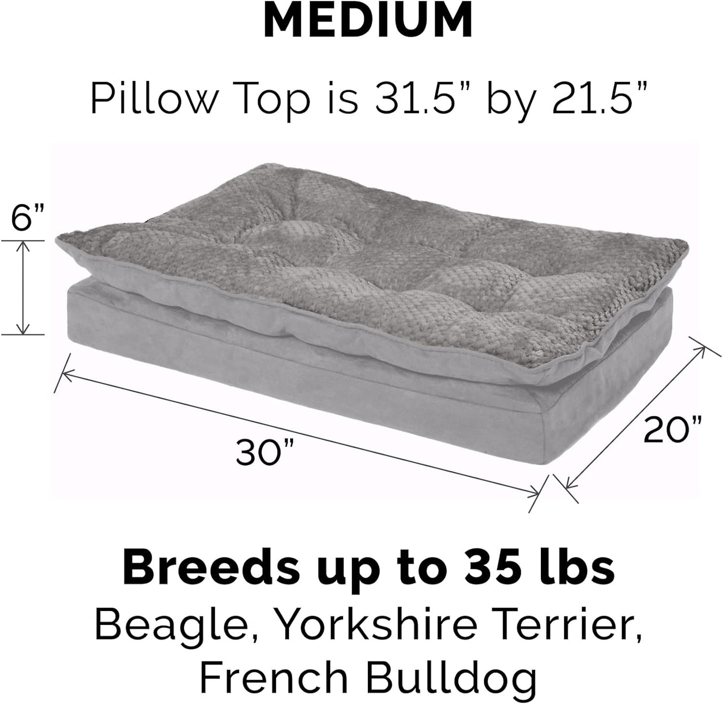 Orthopedic Dog Bed for Medium and Small Breeds with Removable Washable Cover and Pillow Cushion Top, Suitable for Dogs up to 35 lbs - Minky Plush and Suede Mattress in Titanium Gray, Medium Size