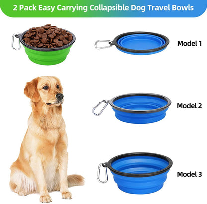 Large Collapsible Dog Bowls - 2 Pack, 34 Oz Foldable Travel Bowls for Pets, Portable Water and Food Dishes with Clasp for Travel, Hiking, and Walking (Blue and Green)