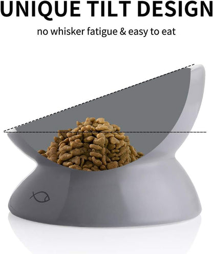 Elevated Ceramic Cat Bowls with Slanted Design for Food and Water, Porcelain Pet Feeder for Spine Protection and Backflow Prevention (Gray)