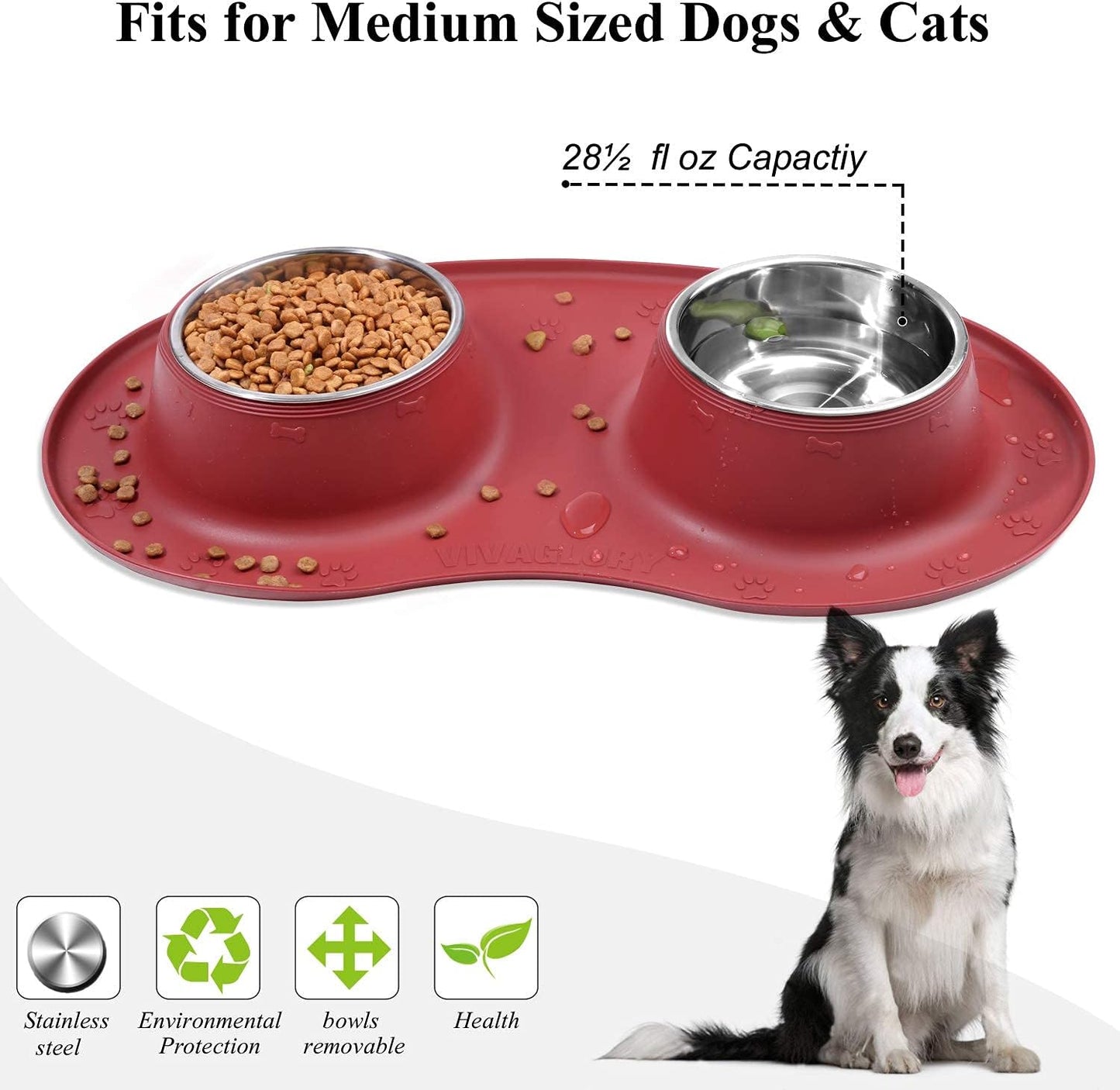Double Stainless Steel Dog Bowls Set with Non-Skid Silicone Mat - Burgundy
