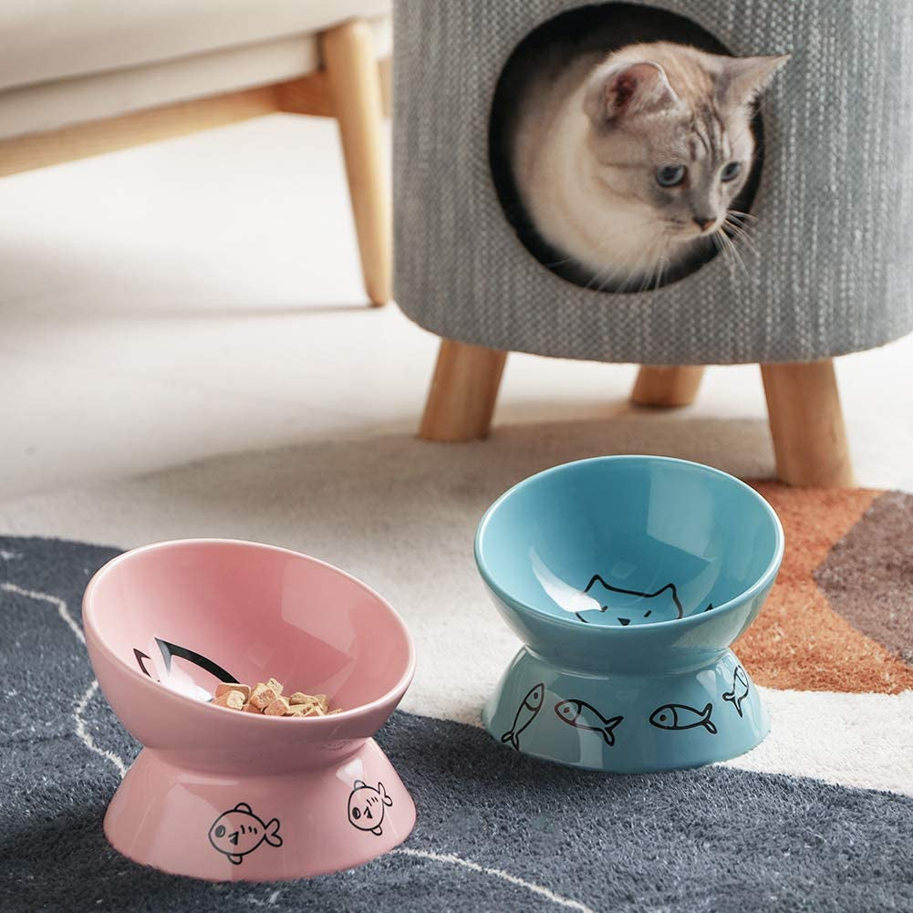 Elevated Ceramic Cat Bowls for Food and Water, Slanted Design for Spine Protection and Stress-Free Feeding, Backflow Prevention Feature (Pink)
