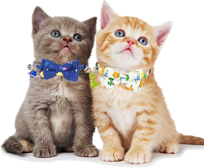 Breakaway Cat Collar Set with Removable Bow Tie and Bell, Includes Universe Dinosaur Design, Adjustable for Neck Sizes 7.5" to 10.5" - 2 Pack